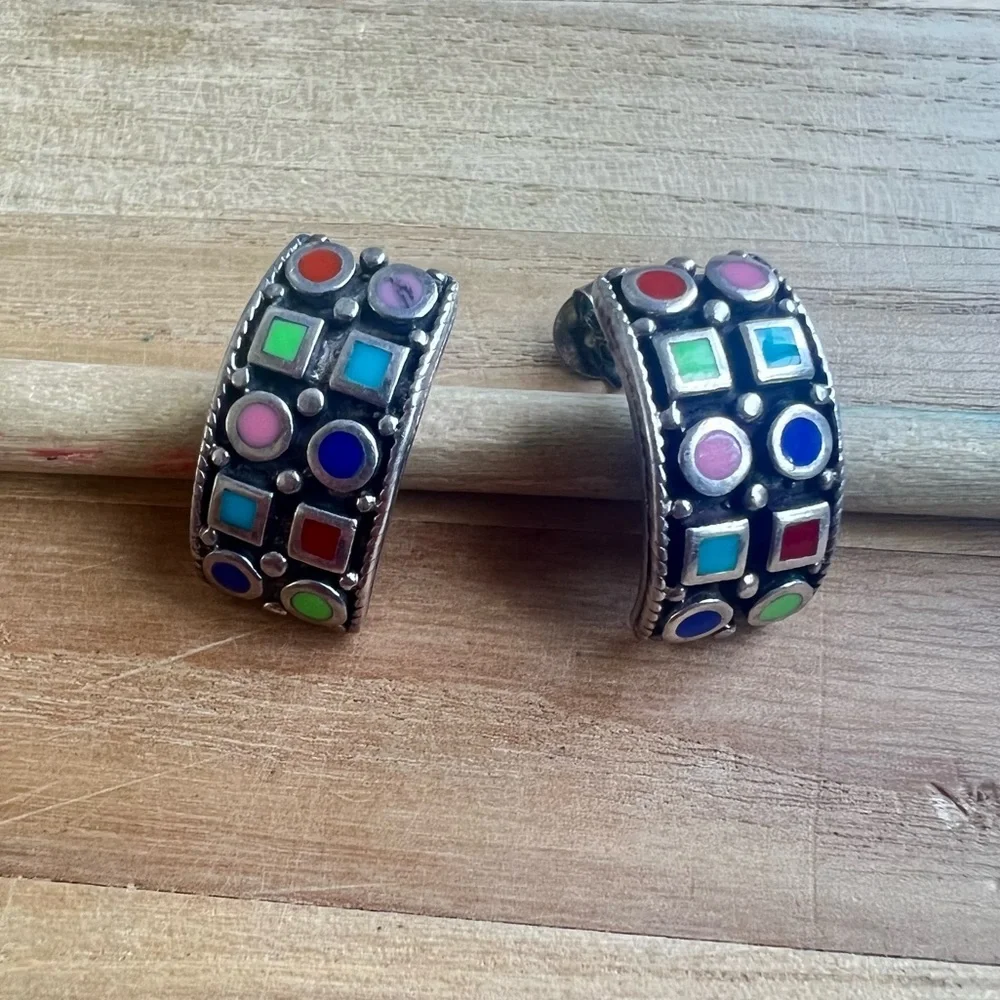 925 Sterling silver multi colored gemstones huggie hoop earring